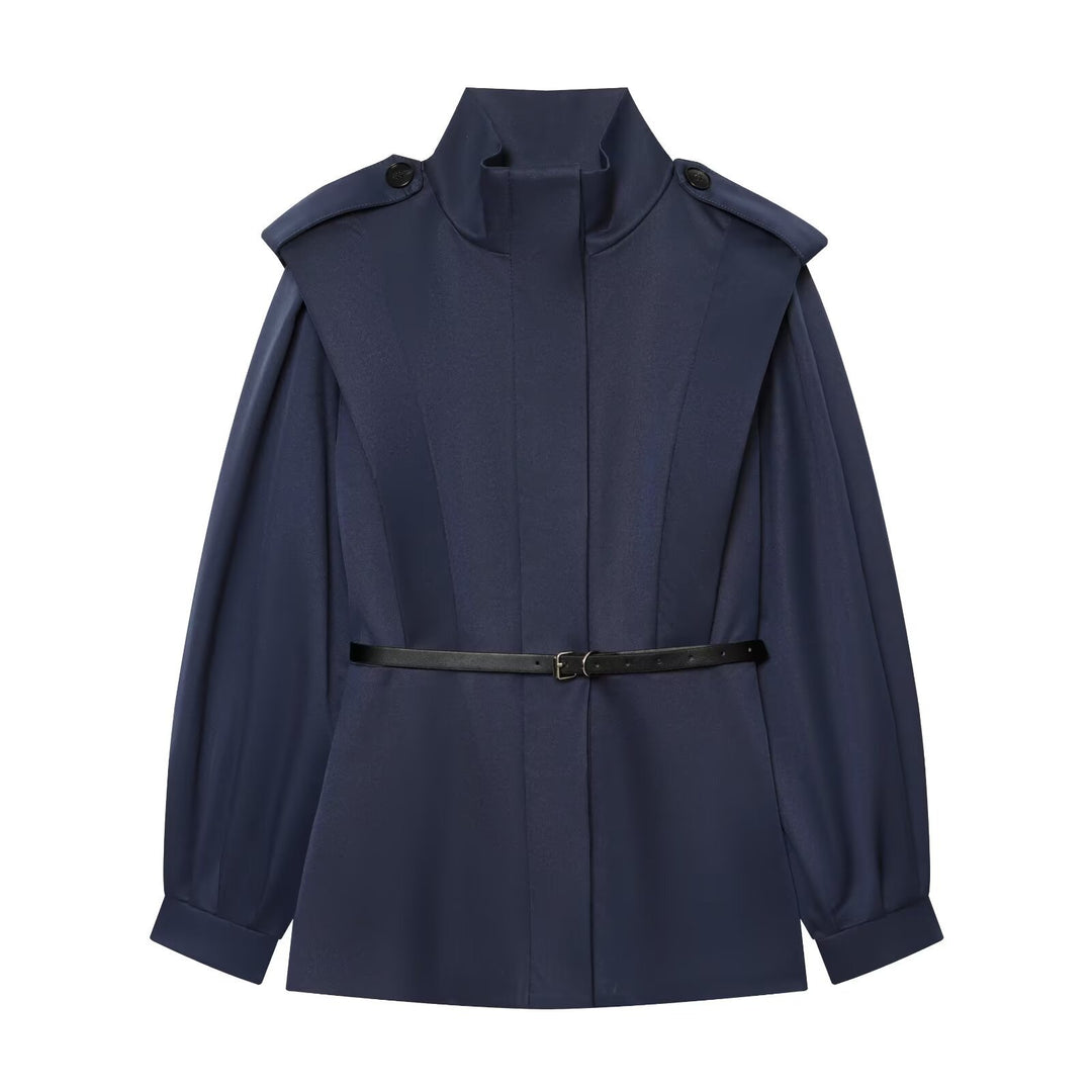 Damen Kurzer Cape‑Trench mit hohem Funnelkragen und Taillengürtel Nord Taschen