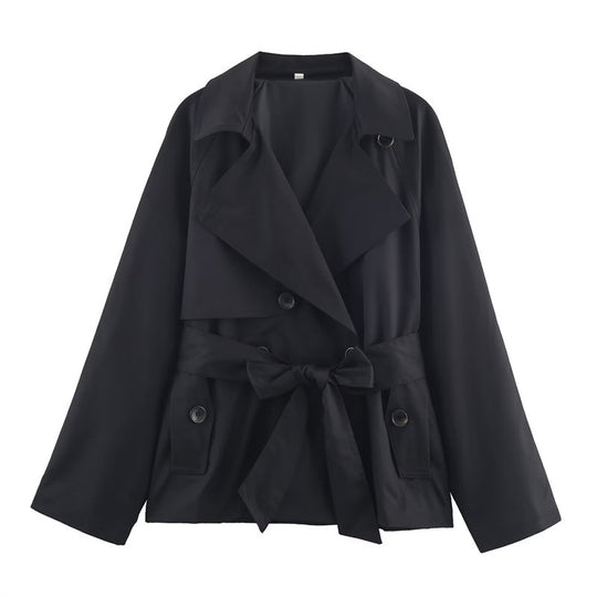 Damen Gekürzte Trenchjacke mit Schalkragen, Bindegürtel und Pattentaschen Nord Taschen