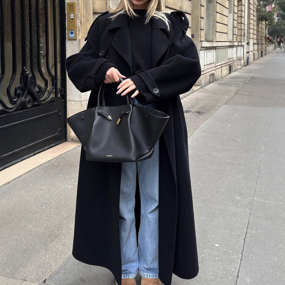 Damen Maxi-Wollmix-Mantel im Military-Stil mit breitem Revers und überschnittenen Ärmeln Nord Taschen