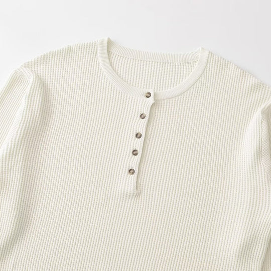 Damen Grobgestrickter Waffelstrick-Pullover mit Henley-Knopfleiste Nord Taschen