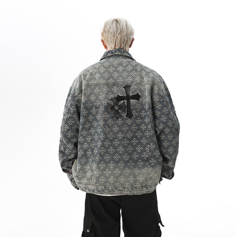 Herren Oversized Denim‑Hemdjacke mit grafischem Patchmuster und Brusttaschen Nord Taschen