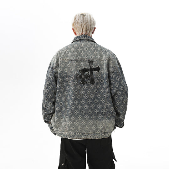 Herren Oversized Denim‑Hemdjacke mit grafischem Patchmuster und Brusttaschen Nord Taschen
