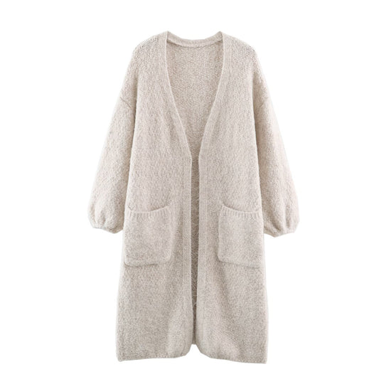 Damen Oversize Strickmantel mit V‑Ausschnitt, kuscheliger Bouclé‑Optik und aufgesetzten Taschen Nord Taschen