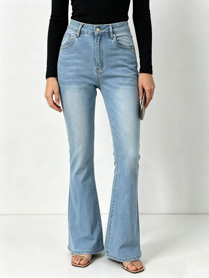 Damen hochgeschnittene Jeans mit schmaler Hüftpartie und weitem Schlag mit elastischem Bund Nord Taschen