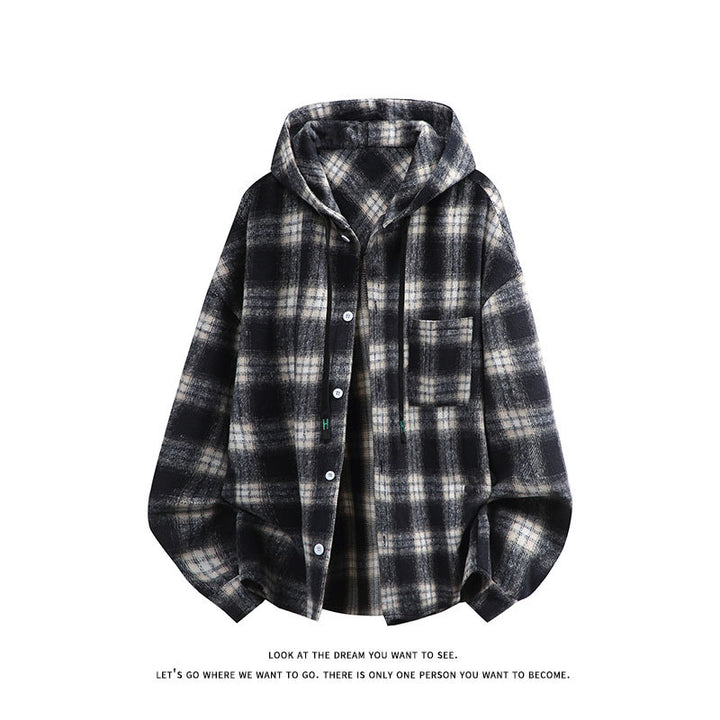 Unisex oversized Kapuzen-Hemdjacke aus Flanell mit Karomuster und Brusttasche Nord Taschen