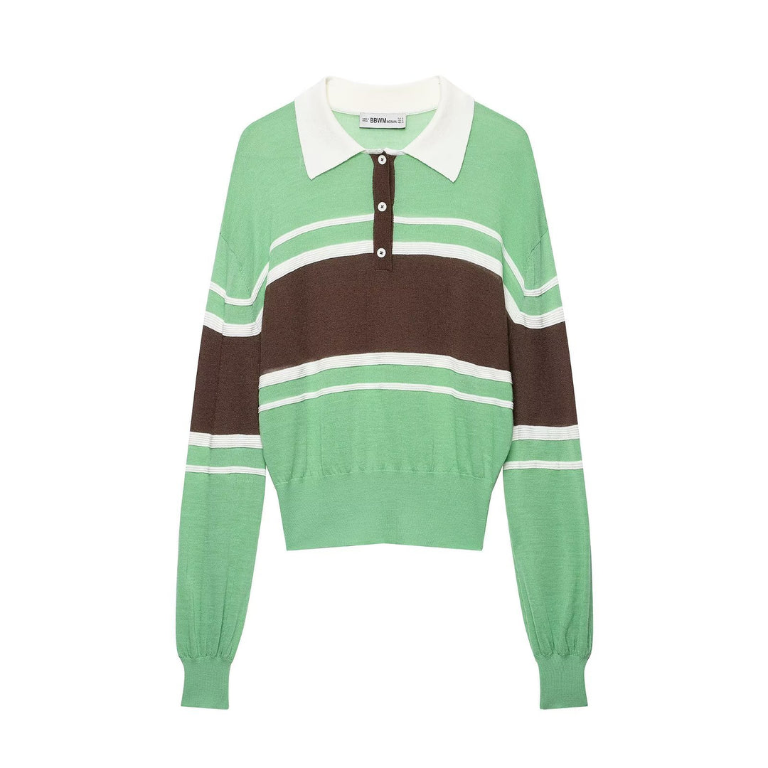 Damen Gestreifter Feinstrick‑Rugby‑Pullover mit Polokragen und cropped Bund Nord Taschen