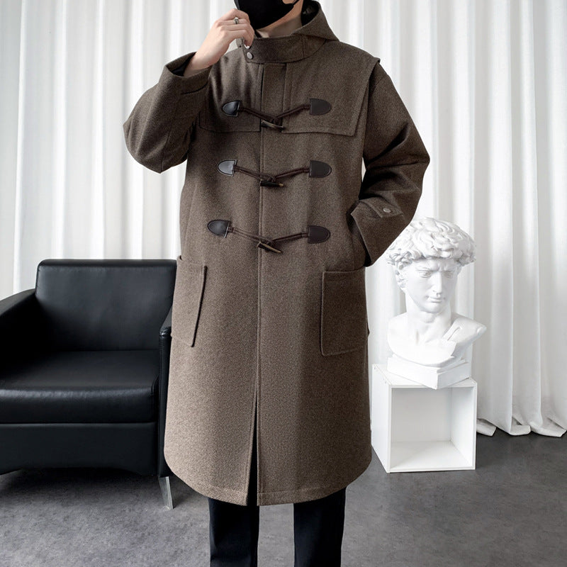 Herren Langer Wollmix Dufflecoat mit Kapuze, Knebelverschlüssen und aufgesetzten Taschen Nord Taschen