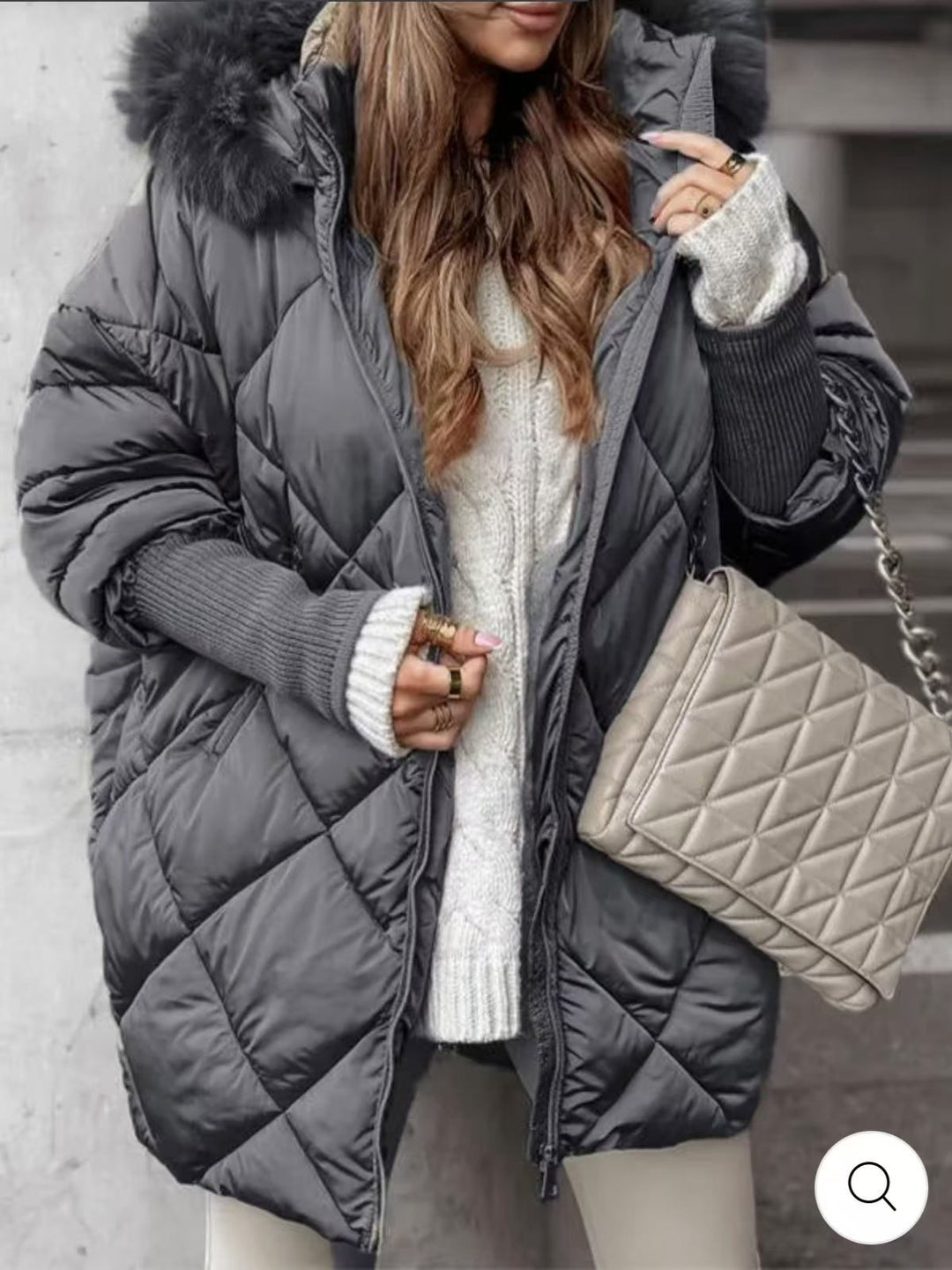 Damen langer gesteppter Winterparka mit großer Kapuze und Kunstfellbesatz Nord Taschen