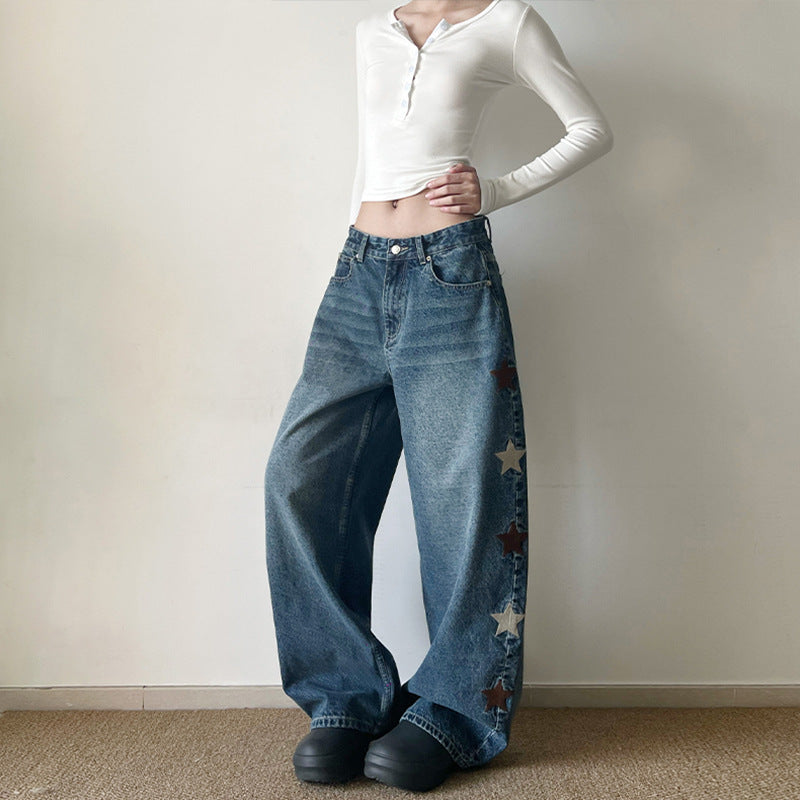 Damen Extraweite Baggy-Jeans mit Stern‑Applikationen und bodenlanger Silhouette Nord Taschen