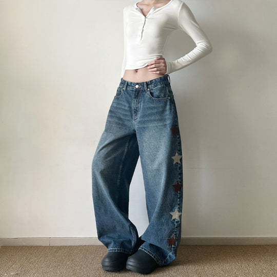 Damen Extraweite Baggy-Jeans mit Stern‑Applikationen und bodenlanger Silhouette Nord Taschen