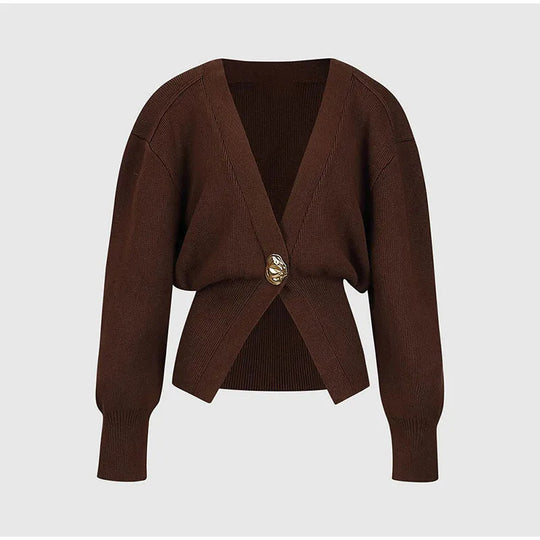 Damen 500+ Cropped‑Cardigan mit Taillenraffung, tiefem V‑Ausschnitt und großem Zierknopf Nord Taschen