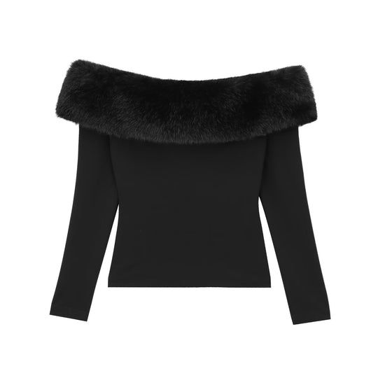 Damen Schulterfreier Langarmpullover mit weitem Faux‑Fur‑Schalkragen Nord Taschen