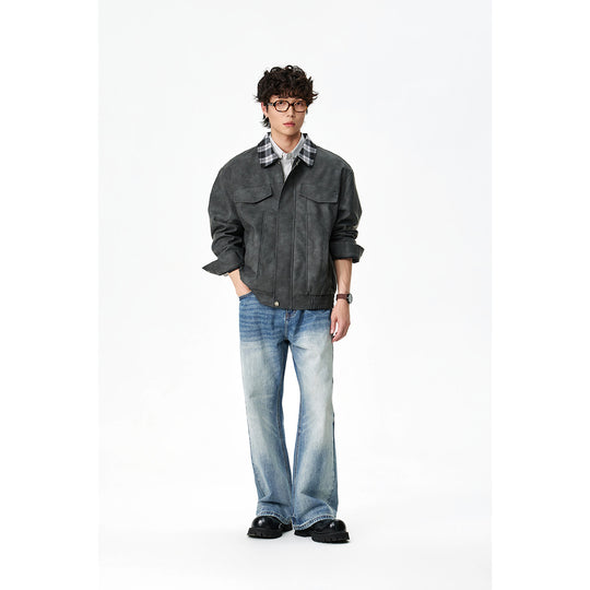Herren Boxy Kunstleder‑Blouson mit kariertem Umlegekragen und Pattentaschen Nord Taschen