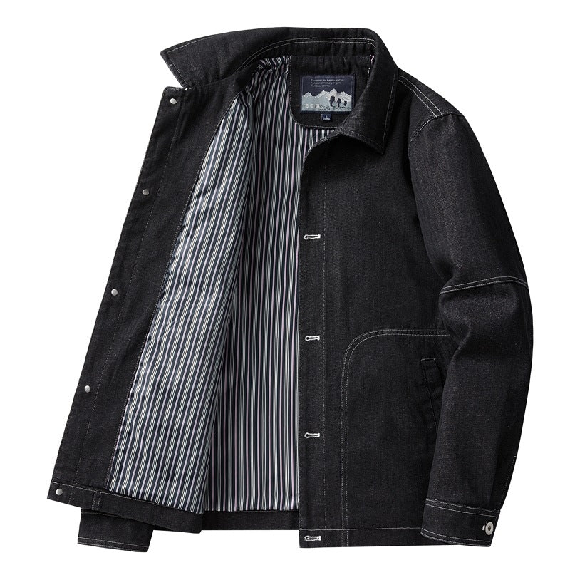 Herren Denim-Workerjacke mit geradem Schnitt, Kontrastnähten & gestreiftem Innenfutter Nord Taschen