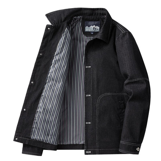 Herren Denim-Workerjacke mit geradem Schnitt, Kontrastnähten & gestreiftem Innenfutter Nord Taschen