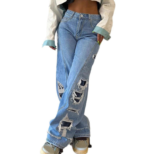 Damen weite Destroyed-Jeans mit seitlichen Cutouts und kontrastierten Unterlagen Nord Taschen