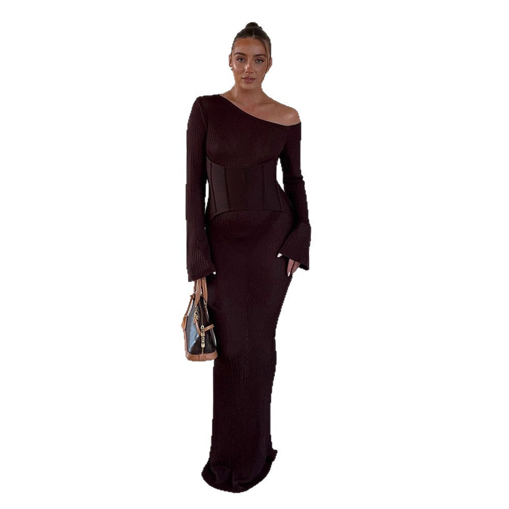 Damen One-Shoulder Maxikleid mit formendem Korsettbund und Rippstrick Nord Taschen