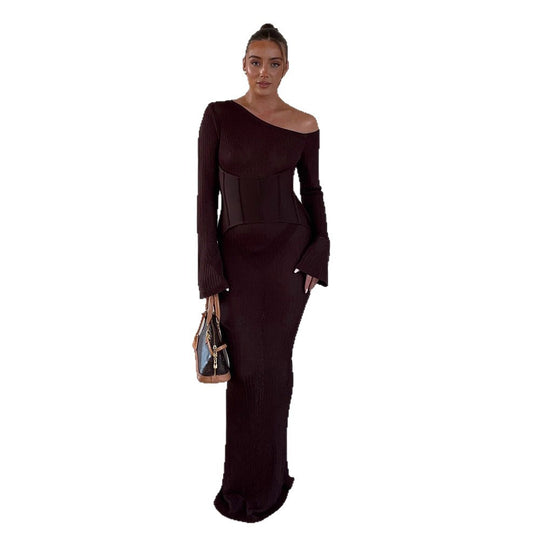 Damen One-Shoulder Maxikleid mit formendem Korsettbund und Rippstrick Nord Taschen