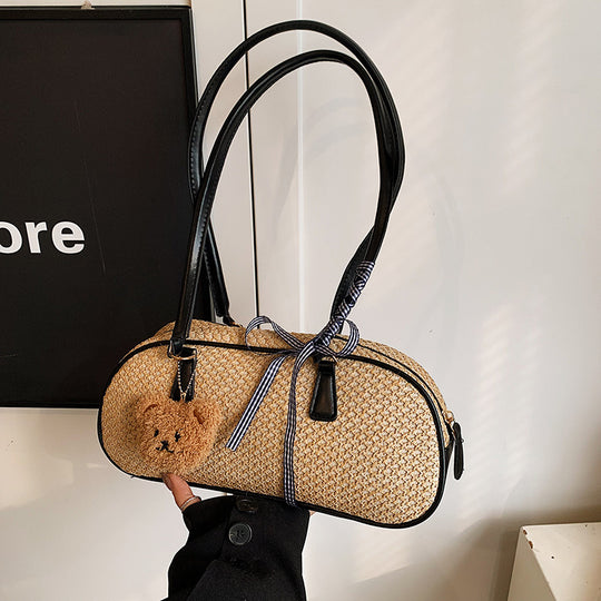 Damen handgefertigte Umhängetasche aus natürlichem Material mit eleganter Schleifenverzierung Nord Taschen