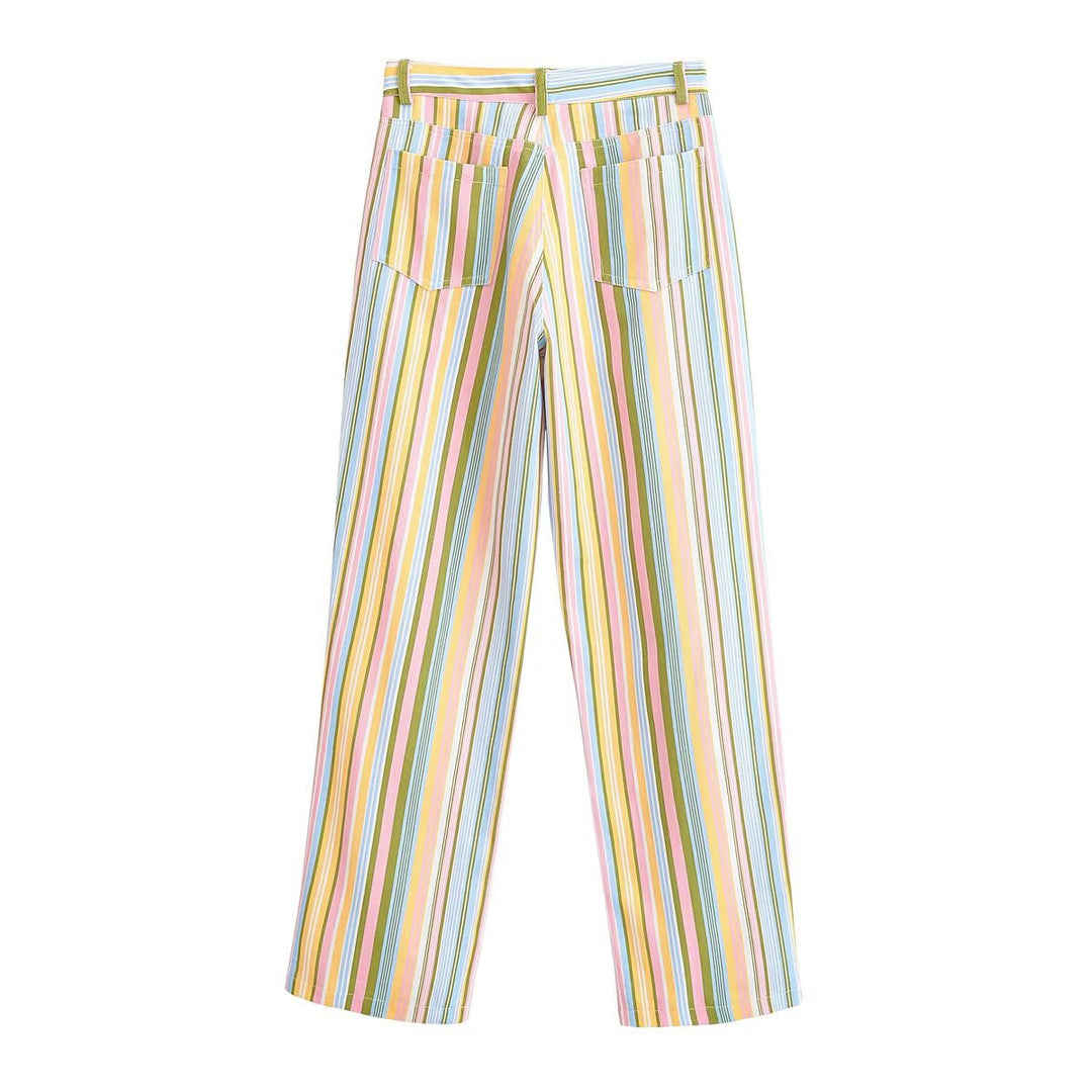 Damen Gestreifte Highwaist-Hose mit weitem Bein und Five-Pocket-Schnitt Nord Taschen