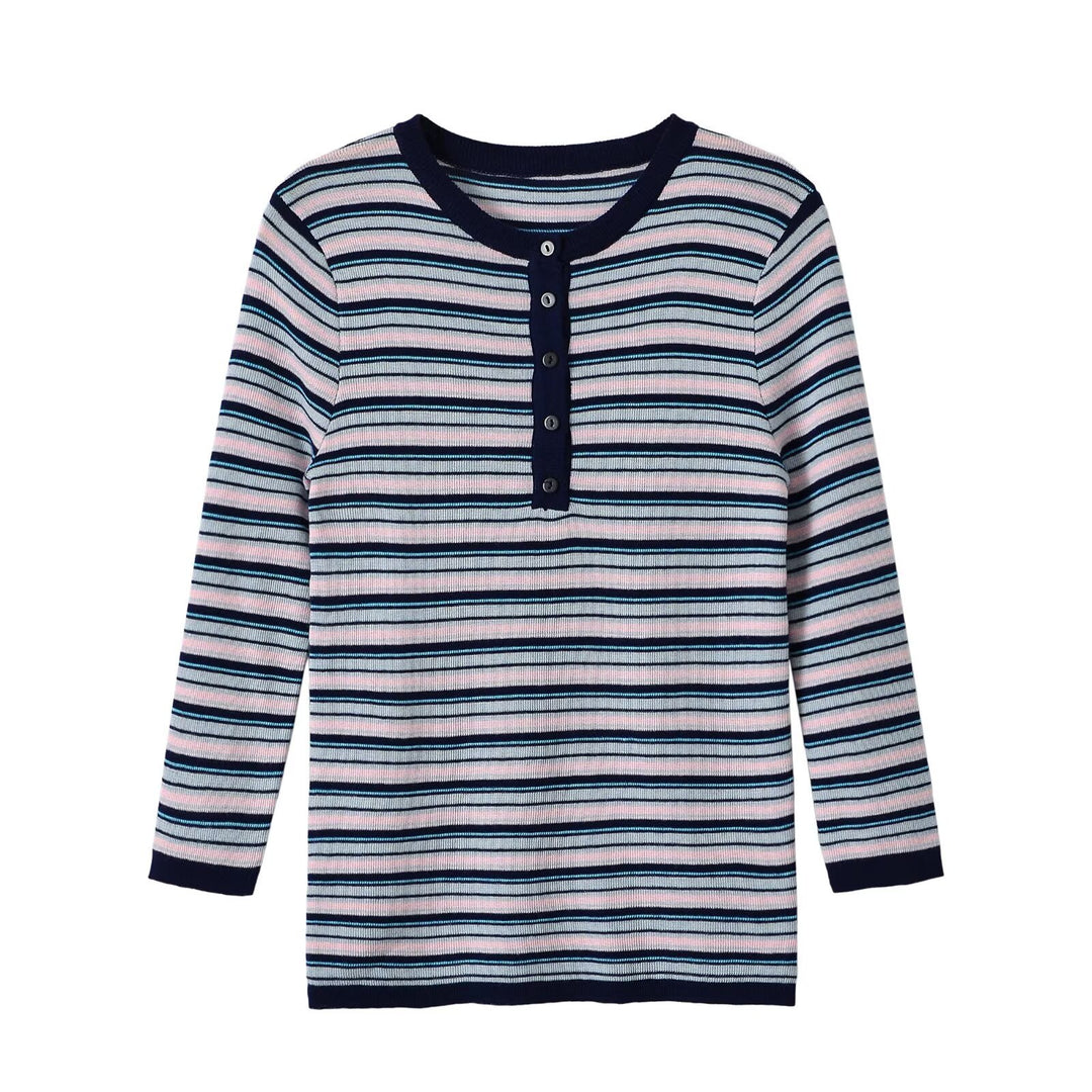 Damen Feinstrick-Henleyshirt mit feiner Streifenstruktur und Knopfblende Nord Taschen