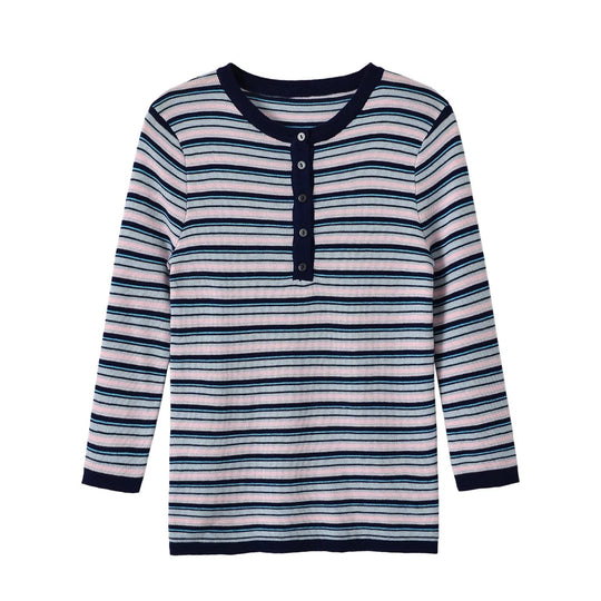 Damen Feinstrick-Henleyshirt mit feiner Streifenstruktur und Knopfblende Nord Taschen