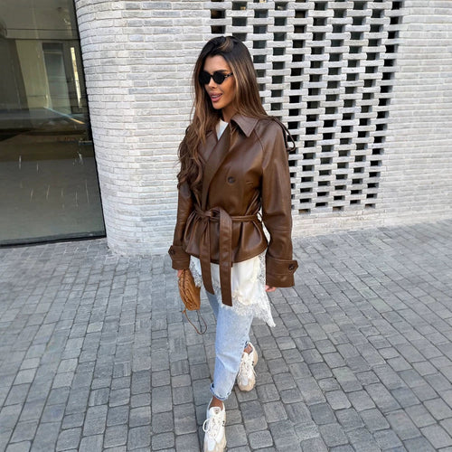 Damen Kurz geschnittener Oversize Lederimitat-Trench mit Taillengürtel und Epauletten Nord Taschen