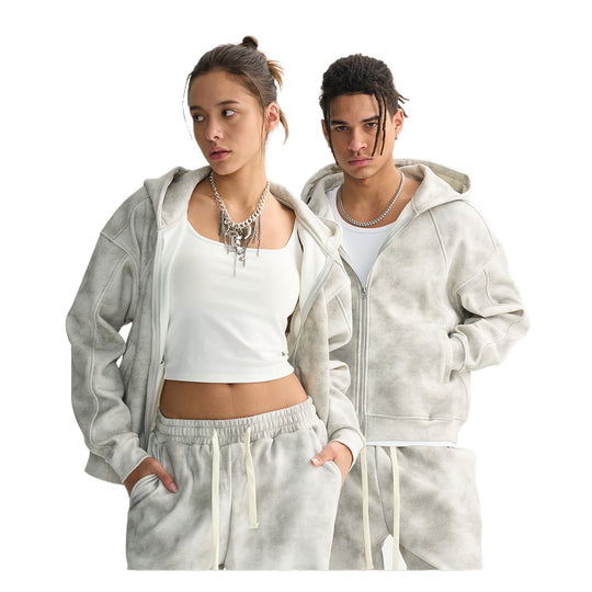 Unisex Boxy-Reißverschluss-Hoodie mit Nebel-Waschung und Raglanärmeln Nord Taschen