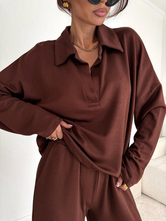 Damen Loungewear-Zweiteiler mit Hemdkragen-Cropped-Sweatshirt und weiter Palazzo-Hose Nord Taschen