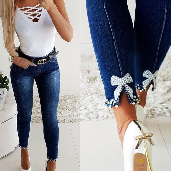 Damen Skinny Jeans mit Perlen- und Schleifendetails