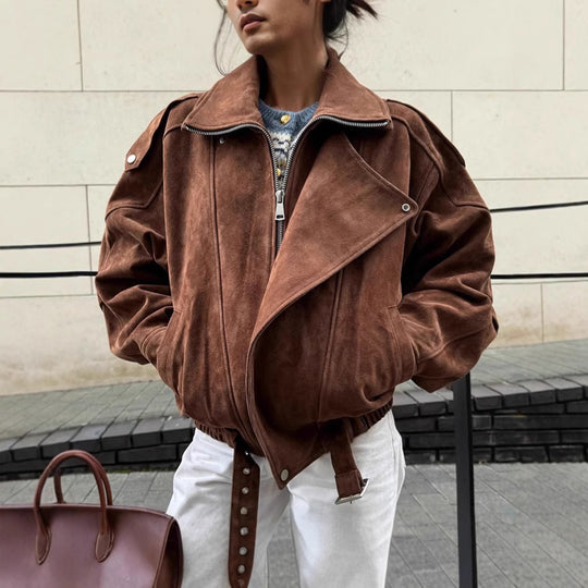 Damen Oversized Veloursleder-Blouson mit asymmetrischem Reißverschluss und Taillengürtel Nord Taschen