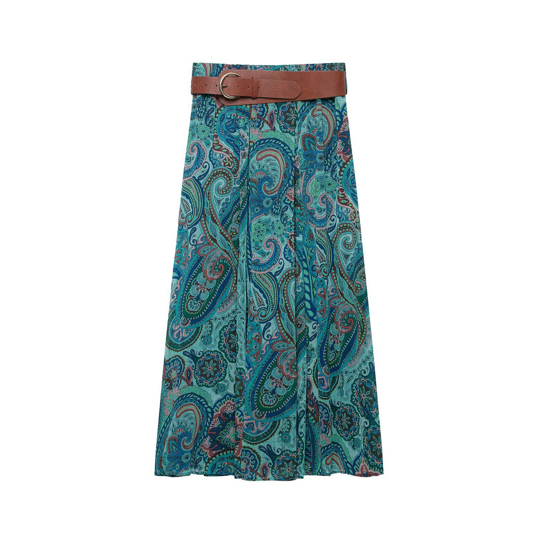 Damen Maxirock mit Paisley-Print, leichtem Fall, Plissee-Details und Taillengürtel Nord Taschen
