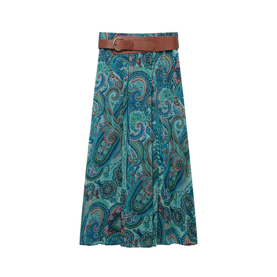 Damen Maxirock mit Paisley-Print, leichtem Fall, Plissee-Details und Taillengürtel Nord Taschen