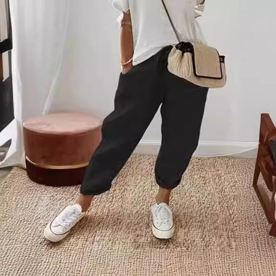 Damen Leinen-Joggerhose mit Kordelzug, lockerer Tapered-Schnitt und gekrempelten Säumen Nord Taschen