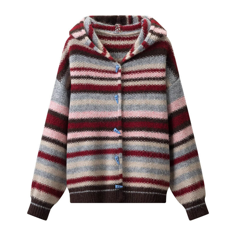 Damen Gestreifter Kapuzen-Cardigan aus flauschigem Mohair-Mix mit Dreiecksknöpfen Nord Taschen