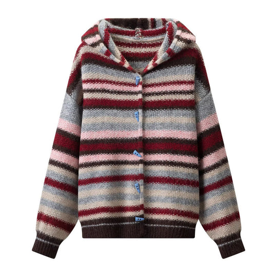 Damen Gestreifter Kapuzen-Cardigan aus flauschigem Mohair-Mix mit Dreiecksknöpfen Nord Taschen