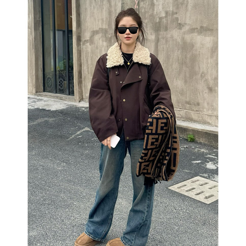 Damen Kurze Oversize-Boxy-Jacke mit Teddykragen und Druckknopfverschluss Nord Taschen
