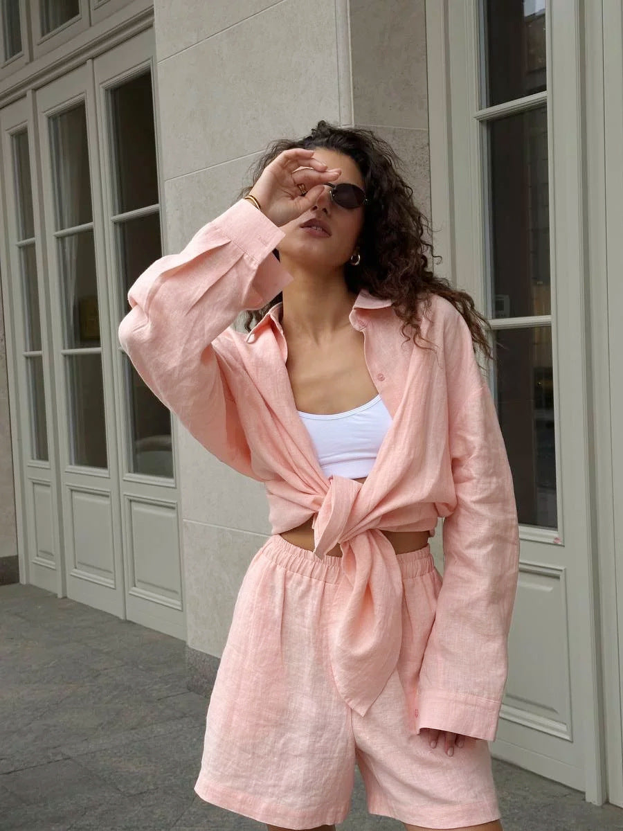 Damen lässiges Leinen Set mit lockerer Bluse und Shorts