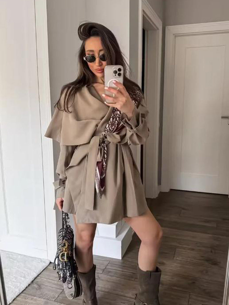 Damen Kurzer Asymmetrischer Wickelmantel mit Volant-Overlay und Bindegürtel Nord Taschen