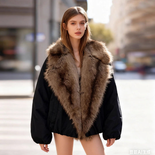Damen Kurze gesteppte Bomberjacke mit voluminösem Faux-Fur-Schalkragen Nord Taschen