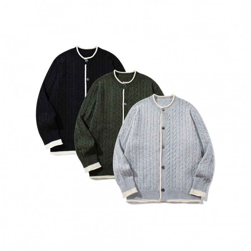Unisex Feinstrick-Cardigan mit Zopfmuster, Rundhalsausschnitt und Kontrastblende Nord Taschen