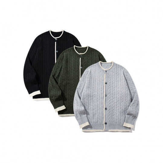 Unisex Feinstrick-Cardigan mit Zopfmuster, Rundhalsausschnitt und Kontrastblende Nord Taschen