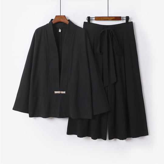 Damen Zen-inspiriertes Kimono-Set aus fließender Viskose mit kurzer Jacke und weiter Culotte-Hose Nord Taschen