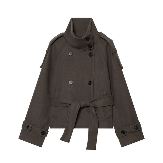 Damen Kurze doppeltreihige Wollmix‑Capejacke mit hohem Stehkragen und Taillengürtel Nord Taschen