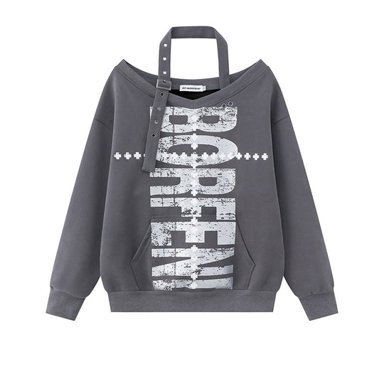Damen Baumwoll-Mix Pullover mit abnehmbarem Nackenriemen, Kängurutasche und distressed Logoprint Nord Taschen