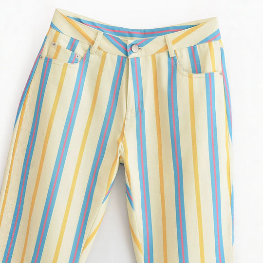 Damen Highwaist Gerade geschnittene Stoffhose mit vertikalen Streifen und Fünf-Taschen-Design Nord Taschen