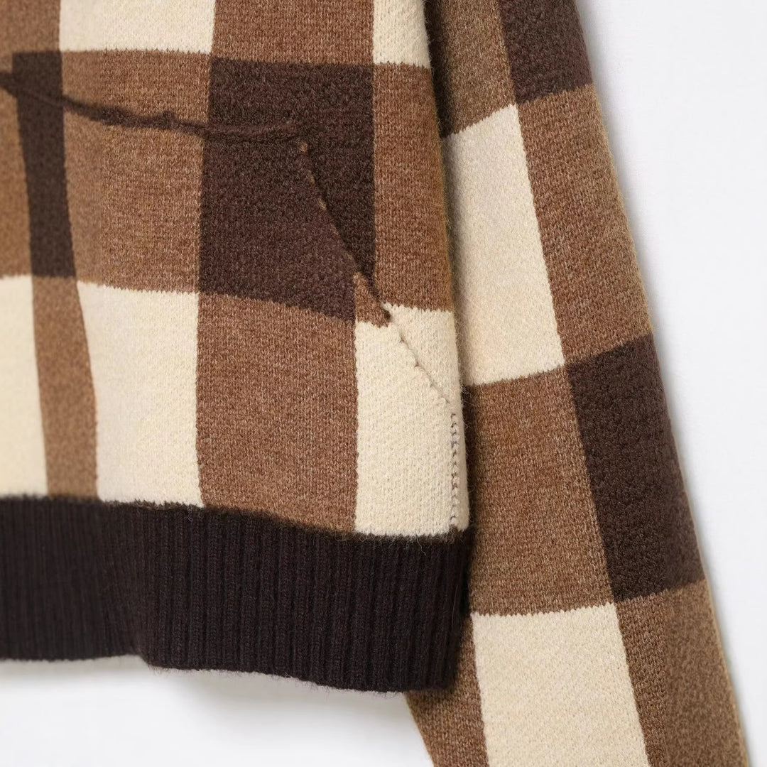 Damen Kariertes Strick-Cropped-Cardigan mit Reißverschluss und breitem Rippenkragen Nord Taschen