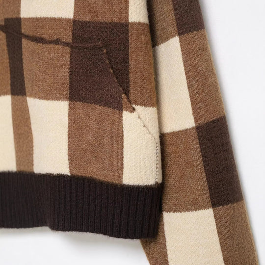 Damen Kariertes Strick-Cropped-Cardigan mit Reißverschluss und breitem Rippenkragen Nord Taschen