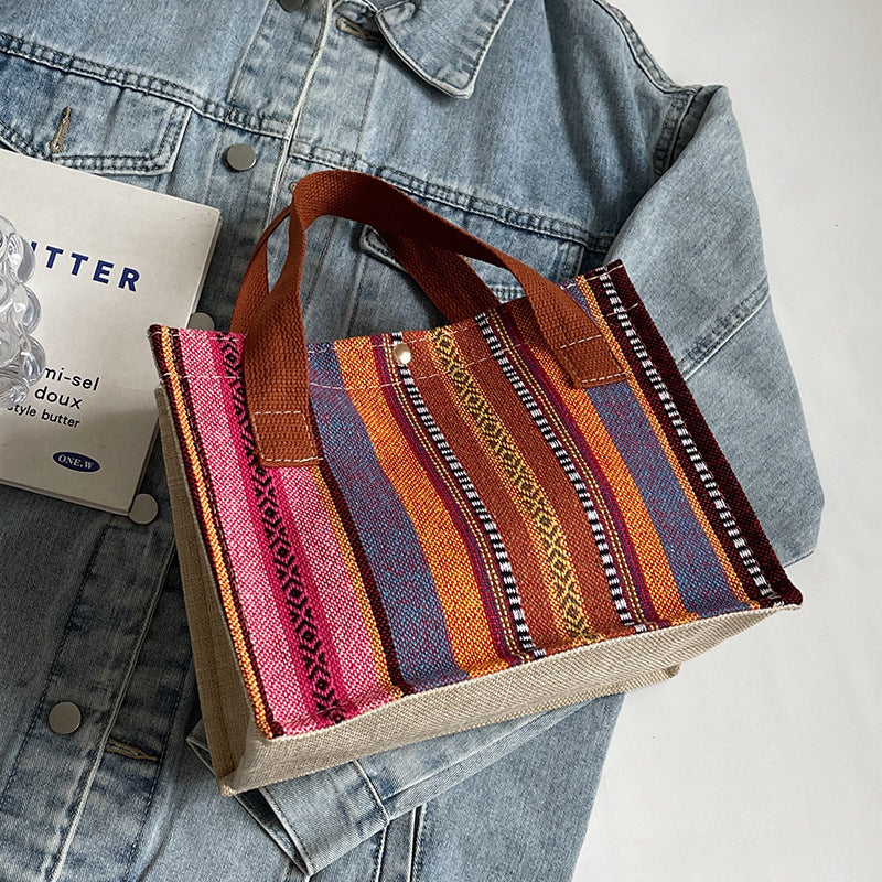 Damen Jute-Tragetasche mit buntem Muster und stabilen Baumwollgriffen Nord Taschen