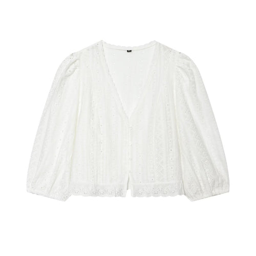 Damen Baumwoll-Spitzen-Cardigan mit V‑Ausschnitt, Knopfleiste und Ballonärmeln Nord Taschen